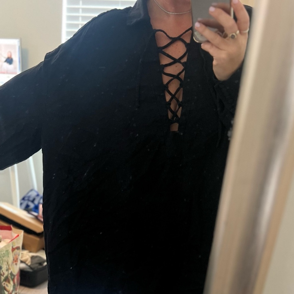 WeWoreWhat Charcoal Lace-Up Blouse